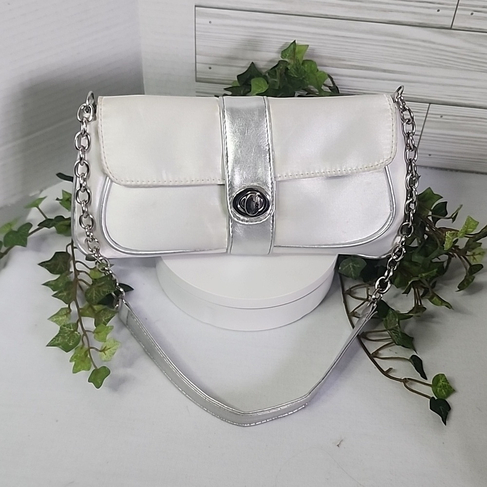 Avon Products Silver Satin Clutch Bag with Chain Shoulder Strap